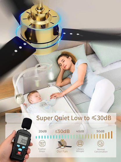 LANMEL 42'' Black and Gold Ceiling Fans with Lights and Remote, 6 Speed Low Profile Modern Ceiling Fan with Quiet DC Motor for Indoor Outdoor Bedroom Living Room