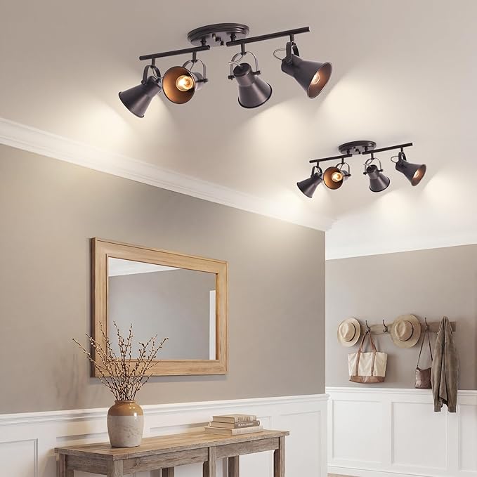 4-Light Brown Track Lighting Fixtures Ceiling, Directional Ceiling Spotlight with 4 Rotatable Heads, Modern Industrial Flush Mount Ceiling Light for Kitchen Island, Dining Room, Hallway