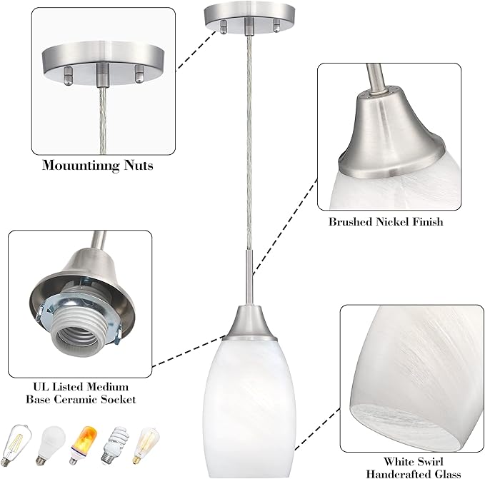 Viinew Mini Glass Pendant Light 1-Light with Handblown White Swirl Art Glass Adjustable Cord Brushed Nickel Finish 4.72" Modern Hanging Pendant Light for Kitchen Dining Room Living