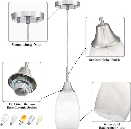 Viinew Mini Glass Pendant Light 1-Light with Handblown White Swirl Art Glass Adjustable Cord Brushed Nickel Finish 4.72" Modern Hanging Pendant Light for Kitchen Dining Room Living