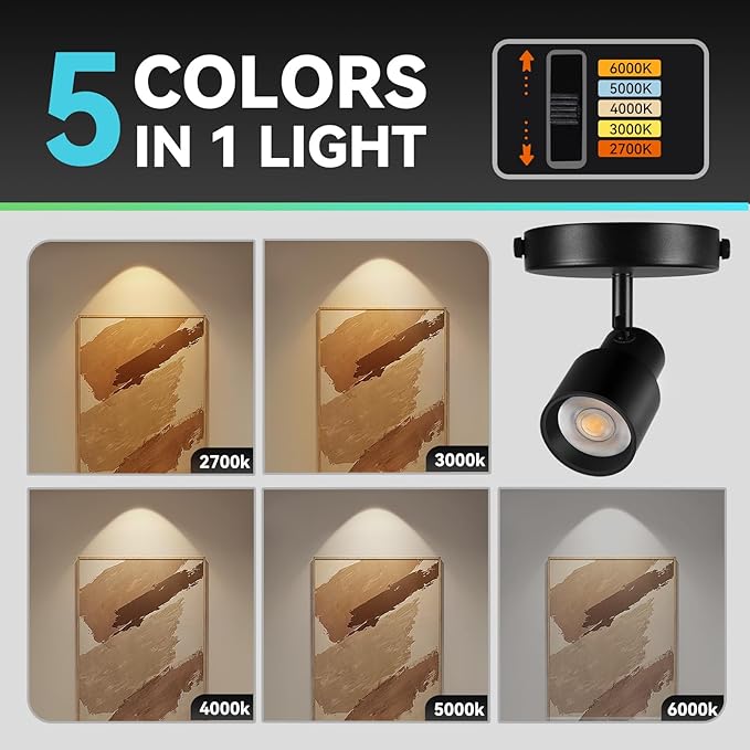 LED Spot Lights Indoor Dimmable 5-Color Ceiling Spotlight Flexible Adjustable Directional Ceiling Spot Lights Indoor 10W Black Flush Mount Spot Light Fixture for Living Room 900lm CRI90+24°