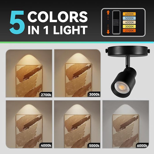 LED Spot Lights Indoor Dimmable 5-Color Ceiling Spotlight Flexible Adjustable Directional Ceiling Spot Lights Indoor 10W Black Flush Mount Spot Light Fixture for Living Room 900lm CRI90+24°