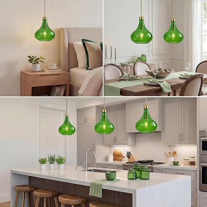 Modern Glass Pendant Light 9.44 in Green Glass Shade Gold Farmhouse Island Pendant Lights for Kitchen Pendant Lighting Over Sink Bedroom Dining Room