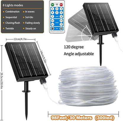 LairtPOW Solar Rope Lights 98FT Waterproof 300LEDs, Rechargeable Solar String Light with Remote Control,Outdoor Palm Tree Holiday Lights for Pathway Pool Patio Party Garden Yard Balcony (Multi Color)