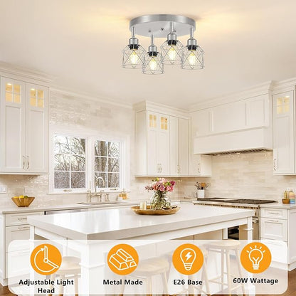 Baocuz 4-Light Brushed Nickel Kitchen Light Fixtures, Modern Hallway Light Fixtures Ceiling, Adjustable Multi-Directional Indoor Silver Metal Cage Close to Ceiling Lights for House Bedroom