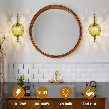 Vintage Bathroom Wall Sconces,Green 1-Light Wall Light Fixtures with Crystal Glass Shade for Bedroom Living Room Kitchen Hallway