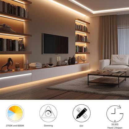AXMOTUT CCT COB LED Strip Lights, 65.6ft Dimmable 2700K-6500K 24V Tunable White LED Light Strip Kit, High Density CRI 90+ LED Strips with Remote Controller and Power Supply.2 Rolls of 32.8ft