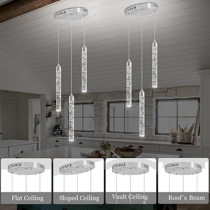 Crystal Kitchen Island Chandelier, Modern Chrome Spiral Dimmable LED Cluster Raindrop Foyer Chandelier Lighting, Bubble Dining Room Hanging Light Fixture 3 Light Remote Control