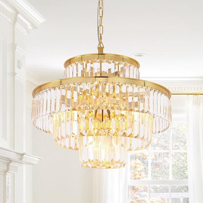 Modern Crystal Chandelier Light Pendant Ceiling Lamp 4-Tier Chandeliers Lighting Fixture for Dining Living Room Foyer Hallway 6-Lights Gold (Dia 20 Inch)