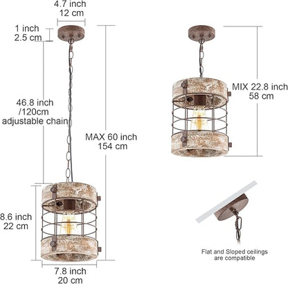Retro Industrial Metal and Wood Chandelier 1-Light Round Cage Pendant Light Fixture for Kitchen Island Foyer Hallway Bar Dining Room Restaurant, D 7.8" x H 8.58" (White Brown)