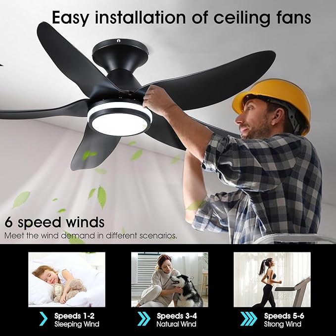 Kviflon 46 inch Ceiling Fans with Lights and Remote/APP Control, Modern Flush Mount Ceiling Fans with 5 Reversible Blades 6 Speeds, 3 Colors Dimmable+Ring Lights for Bedroom Dining Room, Black