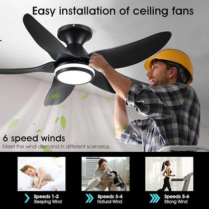 Kviflon 46 inch Ceiling Fans with Lights and Remote/APP Control, Modern Flush Mount Ceiling Fans with 5 Reversible Blades 6 Speeds, 3 Colors Dimmable+Ring Lights for Bedroom Dining Room, Black