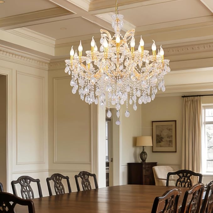 Modern Large Gold Chandelier Light Fixtures, 18 Lights 2 Layers Luxury Maria Theresa Crystal Chandeliers for Dining Room, High Ceiling, Living Room, Foyer, Staircase, Lobby