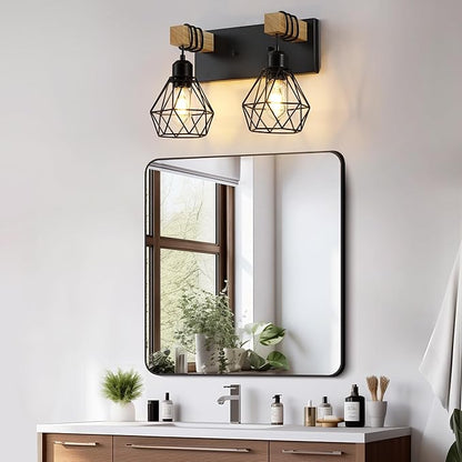 Farmhouse Vanity Light for Bathroom, 2-Light Wood Bathroom Vanity Light Fixtures Over Mirror, Rustic Sconces Wall Lighting with Metal Lampshade for Living Room, Bedroom, Hallway