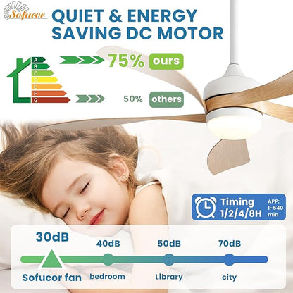 Sofucor 52" Smart Ceiling Fan, Indoor/Outdoor Ceiling Fans with Lights and Remote, Compatible with Alexa/Google/App, 3-Color Light 6-Speed Timing Reversible DC Motor for Bedroom Living Room Patio