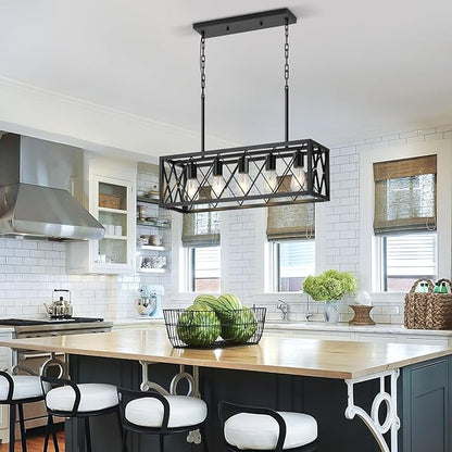 5-Light Kitchen Island Pendant Light, Black Rectangular Farmhouse Chandelier, Industrial Metal Linear Ceiling Hanging Lighting Fixture for Dining Room, Living Room, Entryway, Foyer, Bar