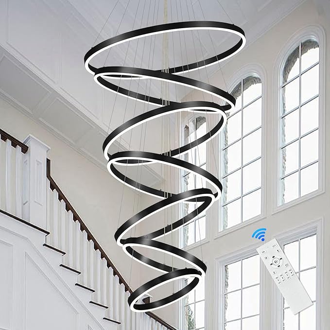 Modern LED Chandelier 7-Ring Chandeliers High Ceiling Black 31" Large Foyer Chandeliers Dimmable Luxury Contemporary Chandelier Light for Living Room Staircase Entryway, 3000K-6500K