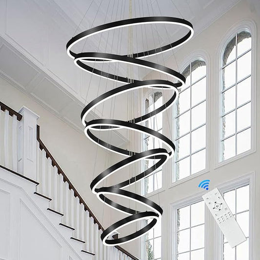 Modern LED Chandelier 7-Ring Chandeliers High Ceiling Black 31" Large Foyer Chandeliers Dimmable Luxury Contemporary Chandelier Light for Living Room Staircase Entryway, 3000K-6500K