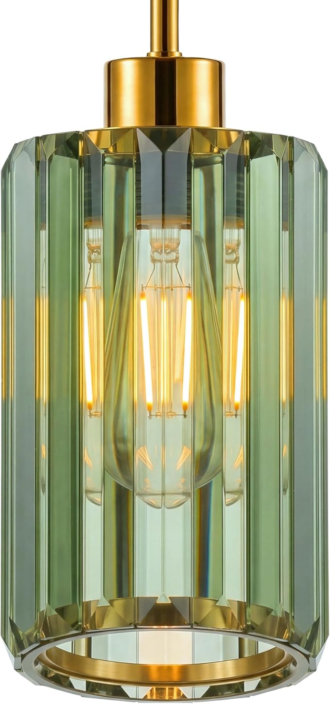 Modern Olive Green Fluted Glass Pendant Light 1 Pack - Thick Ribbed Glass with Warm Glow, Adjustable E26 Hanging Lamp for Kitchen Island & Dining Room