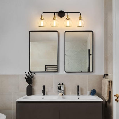 Black and Gold Bathroom Vanity Light 4-Light Bathroom Vanity Light Fixtures Over Mirror with Clear Glass Shade 30.7 inch Wall Sconce Lighting Bath(Exclude E26 Bulb)