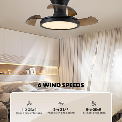 28 Inch Retractable Ceiling Fan with Light Remote Dimmable 6 Speed Reversible Small Light Ceiling Fixtures Modern Bladeless Silent Smart Fan for Bedroom Living Room Kitchen