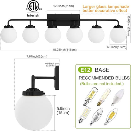 Bathroom Light Fixtures Over Mirror, 6-Light Matte Black Vanity Lighting with Milk White Glass Globe Shades Modern Wall Sconce