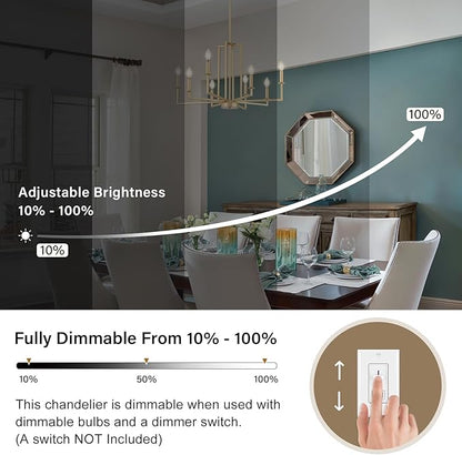 Modern Gold Chandelier, Farmhouse Candle Dining Room Chandeliers, Metal Hanging Pendant Light Fixture for Kitchen, Foyer, Bedroom, Living Room, Staircase, Entryway, 8-Light