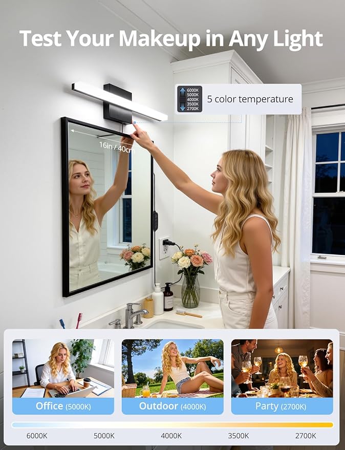 Combuh Black Plug in Vanity Light Bar Corded for Bathroom Lighting Fixture No Wiring, 16Inch 5 Colors Adjustable Dimmable Modern Bright Daylight Mirror Lamp for Wall Dressing Room Makeup (with Plug)