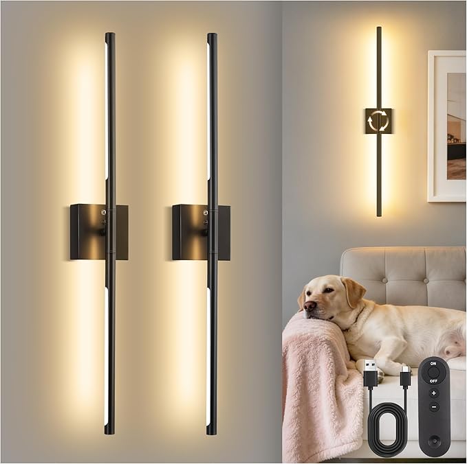 DORESshop Battery Operated Wall Sconces Set of 2, Dimmable Battery Wall Sconce with Remote Control, Black 350°Rotate Rechargeable Sconces, 29 Inch Wireless Wall Lights for Bedroom, Living Room