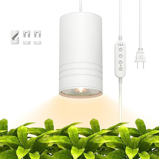 Hanging Grow Lights for Indoor Plants Full Spectrum, COB Pendant Spotlight Plant Grow Light for Large Tall Plant, Garden, Herb, Seed, with Timer and 15ft Braided Cord, 40W 3000K, Full Aluminum White