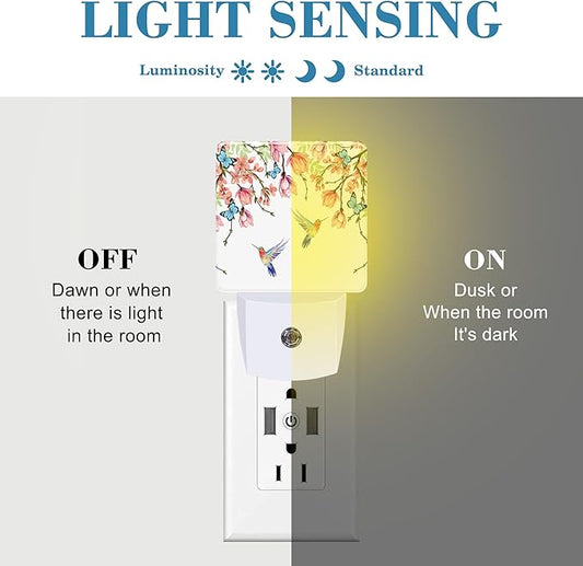 Hummingbirds and Blue Butterflies Night Light Plug into Wall with Dusk to Dawn Sensor Cute Nightlight for Kid Girls Boys Women Men Room Decor, Hallway, Kitchen, Bathroom, Nursery, Stairs