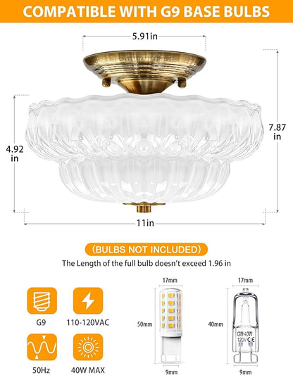 Semi Flush Mount Ceiling Light,11IN Vintage Gold Hallway Lights Fixture,3-Bulb Globe Milk Glass Close to Ceiling Light for Bathroom, Hallway, Dining Room,Bulb Not Included