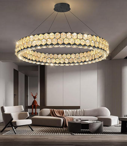 Modern Ring Chandelier Crystal Chandeliers for Dining Room Round Ceiling Light Fixture for Living Room Bedroom Lighting LED Dimmable with Remote Ring Lights Black