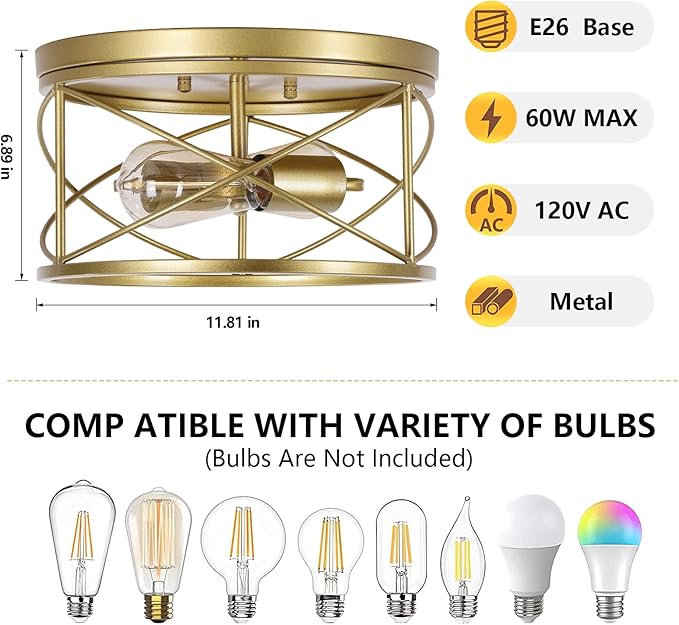 2-Light Flush Mount Ceiling Light Fixture, Industrial Modern Gold Ceiling Lamp, Vintage Farmhouse Light Fixture for Hallway, Bedroom, Dining Room, Living Room, Kitchen, Entryway