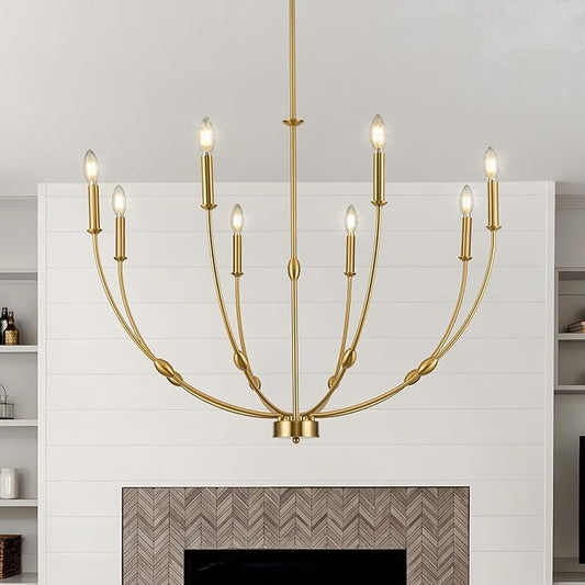 8-Light Candle Chandeliers, 35 Inch Brushed Gold Dining Room Light Fixture, Modern High Ceiling Chandeliers for Living Room, Entryway, Foyer