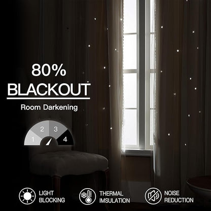 XiDi Beige Blackout Curtains for Bedroom 72 Inchs Long Room Darkening Double Layer Curtains Star Cut Out Design Grommet Drapes with Tiebacks for Girls Kids Living Room, 52 x 72 Inches, Set of 2
