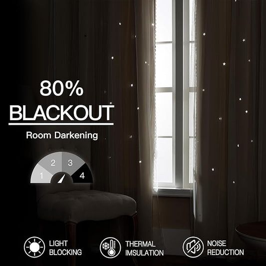 XiDi Beige Blackout Curtains for Bedroom 72 Inchs Long Room Darkening Double Layer Curtains Star Cut Out Design Grommet Drapes with Tiebacks for Girls Kids Living Room, 52 x 72 Inches, Set of 2