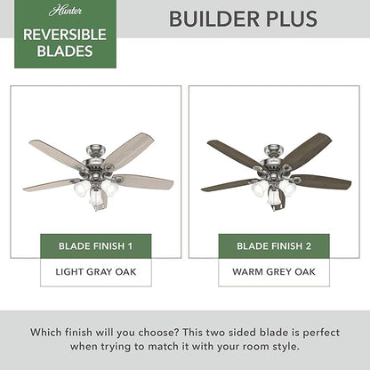 Hunter 52 inch Indoor Ceiling Fan with LED Lights - Ceiling Fan with Pull Chain, For Bedroom or Living Room, Standard Mount, No Remote, 5 Blades, Includes Bulbs - Builder Plus 51111, Brushed Nickel