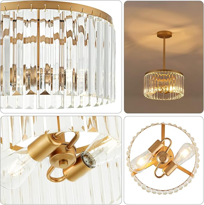 12" Gold Semi Flush Mount Crystal Ceiling Light Fixtures for Kitchen Modern Industrial 2-Light Small Chandeliers Lighting for Bedroom Entryway Hallway Living Dining Room Foyer