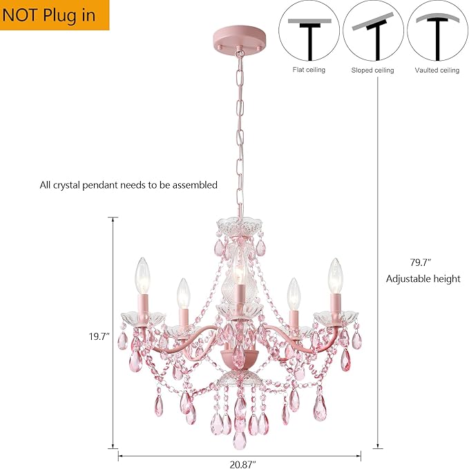 AMZASA Modern Crystal Pink Chandelier, Not Acrylic Crystal,Pink Crystals Hanging Pendant Light for Girls Room,Ceiling Medallions, Farmhouse Glass Chandelier for Wedding, Kitchen, Dining,Foyer,Island