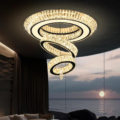 32 in Black LED Ring Chandelier, Crystal Ceiling Light for Living Room Flush Mount Chandelier Lighting Remote Dimmable, Compatible with Sloped Ceiling