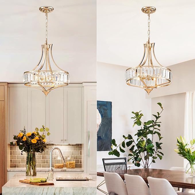 Crystal Chandeliers for Dining Room Modern Farmhouse 4-Light Rustic Mid Century Chandelier with Round Metal Lampshade, Perfect for Hallway Bedroom Foyer, Brush French Glod