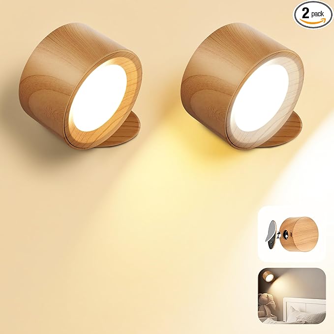LED Wall Mounted Lamps, Battery Operated Rechargeable Wall Lights, 3CCT & Dimmable, 360°Rotation with Magnetic Ball, Cordless Wall Sconces for Picture Bedside Bedroom Reading, Wood-2 Pack