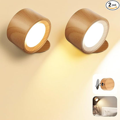 LED Wall Mounted Lamps, Battery Operated Rechargeable Wall Lights, 3CCT & Dimmable, 360°Rotation with Magnetic Ball, Cordless Wall Sconces for Picture Bedside Bedroom Reading, Wood-2 Pack