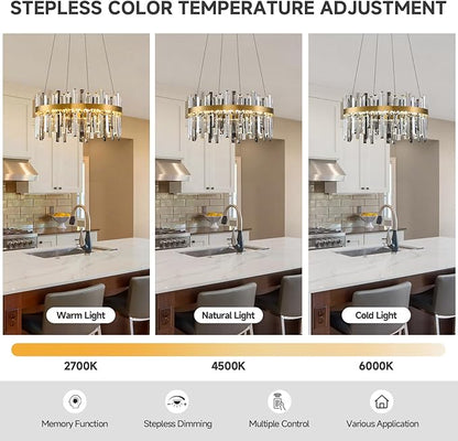 Gold Led Modern Crystal Chandelier: 19.7" Round Contemporary 3 Color Dimmable Dining Room Light Fixture over Table - Smoke Grey & Clear Crystals Chandeliers for Bedroom Living Kitchen Entryway Foyer