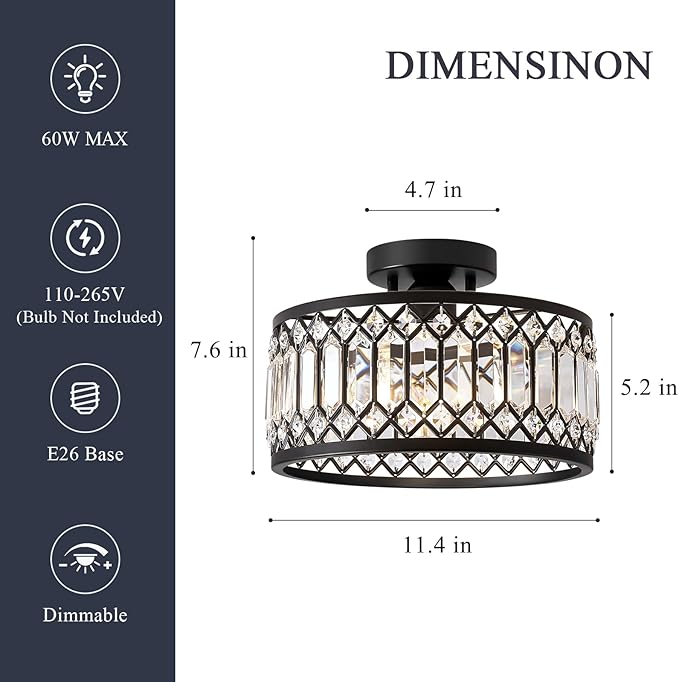 Pevfah Crystal Black Ceiling Light, Modern Semi Flush Mount Ceiling Lighting Fixture, Round Hallway Lighting Fixtures for Kitchen Entryway Bedroom Laundry Room, 1-Light, 11.4 Inch