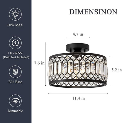 Pevfah Crystal Black Ceiling Light, Modern Semi Flush Mount Ceiling Lighting Fixture, Round Hallway Lighting Fixtures for Kitchen Entryway Bedroom Laundry Room, 1-Light, 11.4 Inch