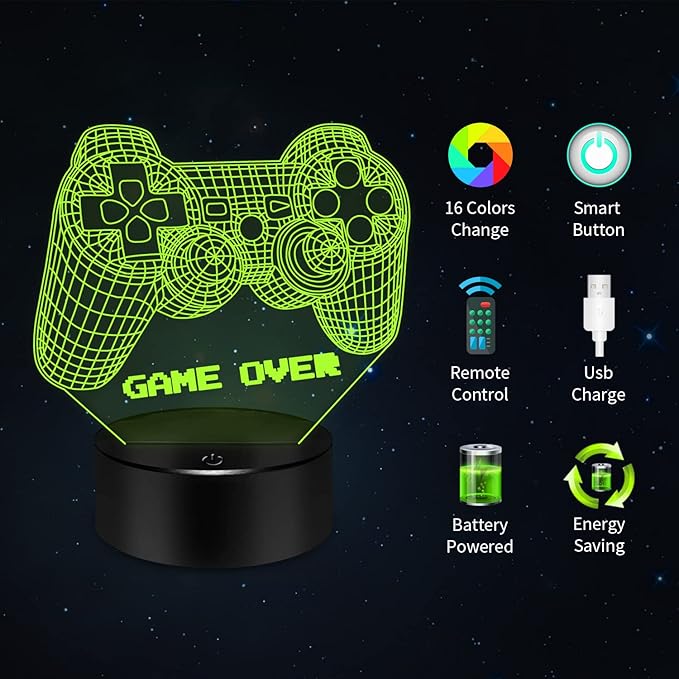 BASSI 3D Gamepad Night Light Game Over Light Game Controller Console Illusion Lamp for Kids Gamer Room Decor, 16 Color Changing with Remote Timer, Christmas Birthday Gifts for Boys Girls