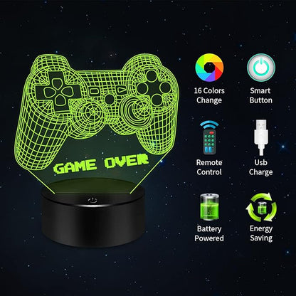 BASSI 3D Gamepad Night Light Game Over Light Game Controller Console Illusion Lamp for Kids Gamer Room Decor, 16 Color Changing with Remote Timer, Christmas Birthday Gifts for Boys Girls