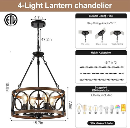 16'' Farmhouse Chandelier, 4-Light Walnut Wood Grain Dining Room Light Fixture Over Table, Rustic Industrial Drum Hanging Pendant Lights Fixture for Kitchen Island Bedroom Hallway Foyer Entryway